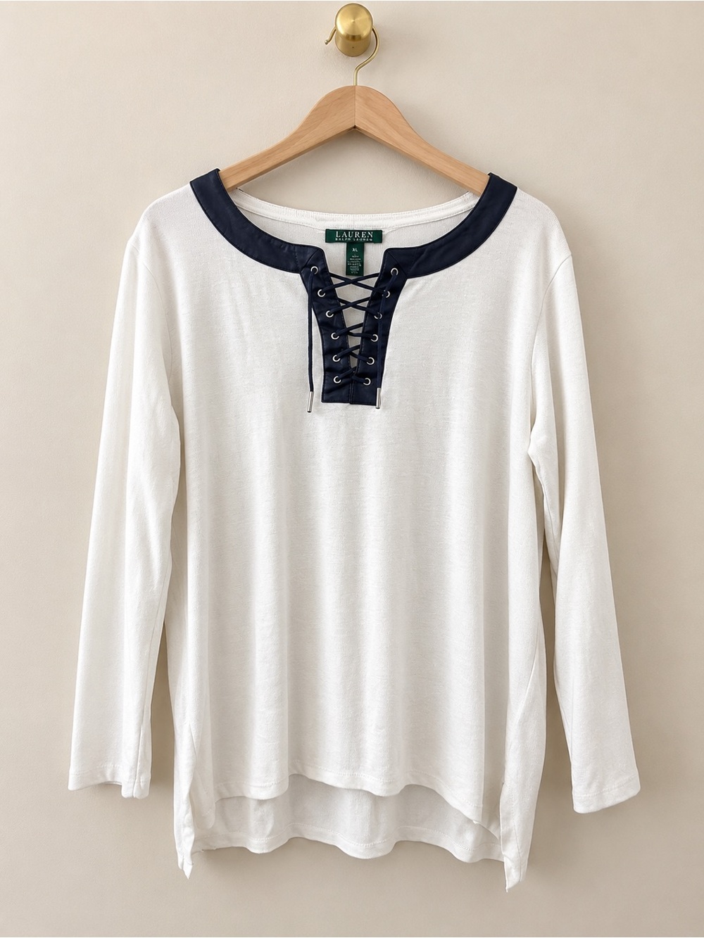 Lauren Ralph Lauren 1X White Navy Lace-Up Long Sleeve Top Plus Size